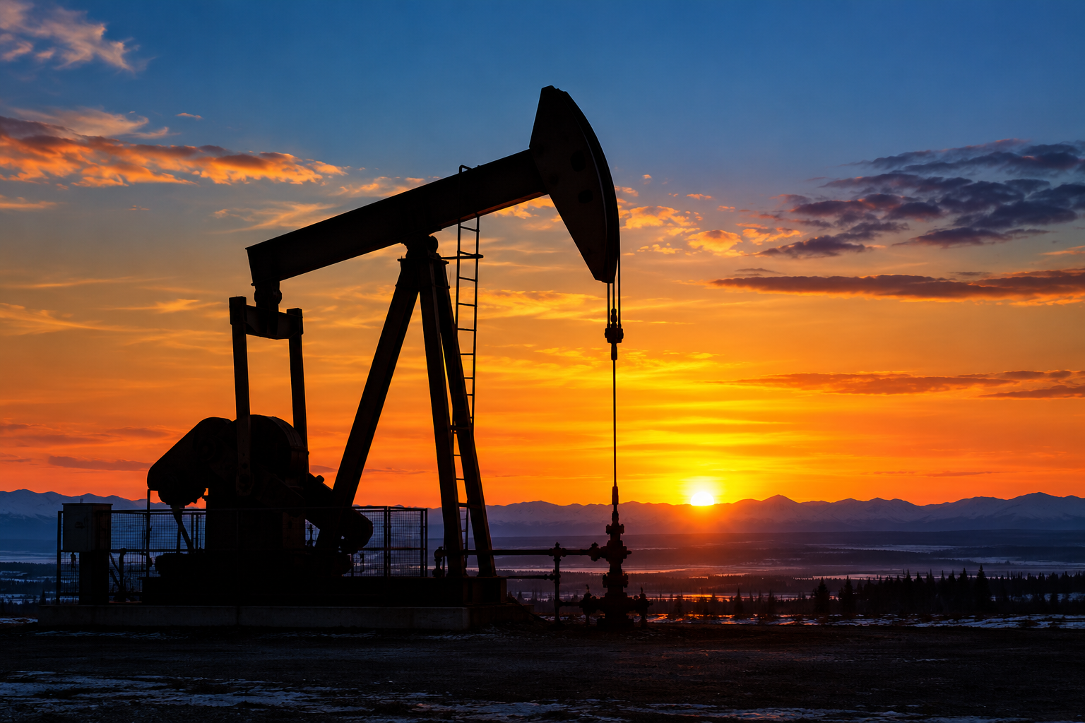 Oil pumpjack silhouetted against sunset