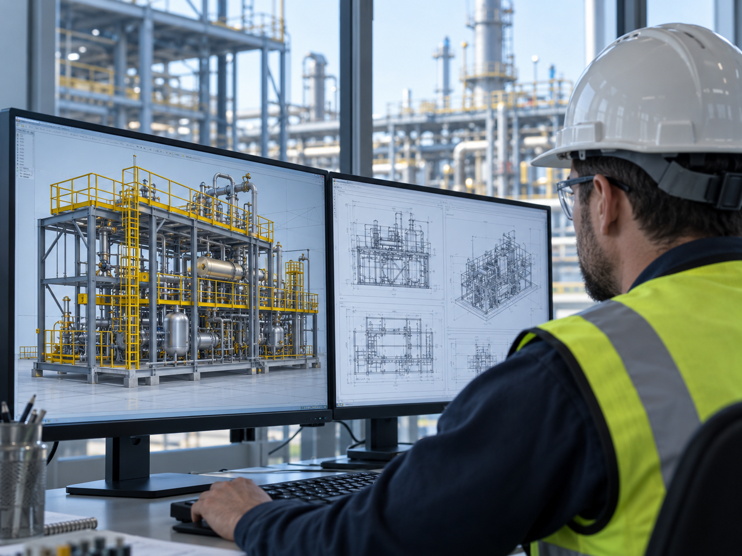 Engineer reviewing a three-dimensional industrial plant model at a workstation