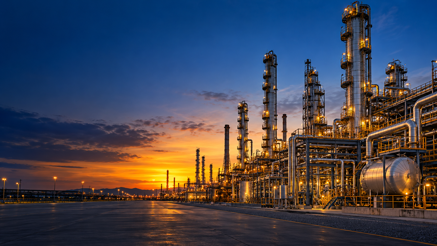 Industrial refinery towers and process piping at sunset