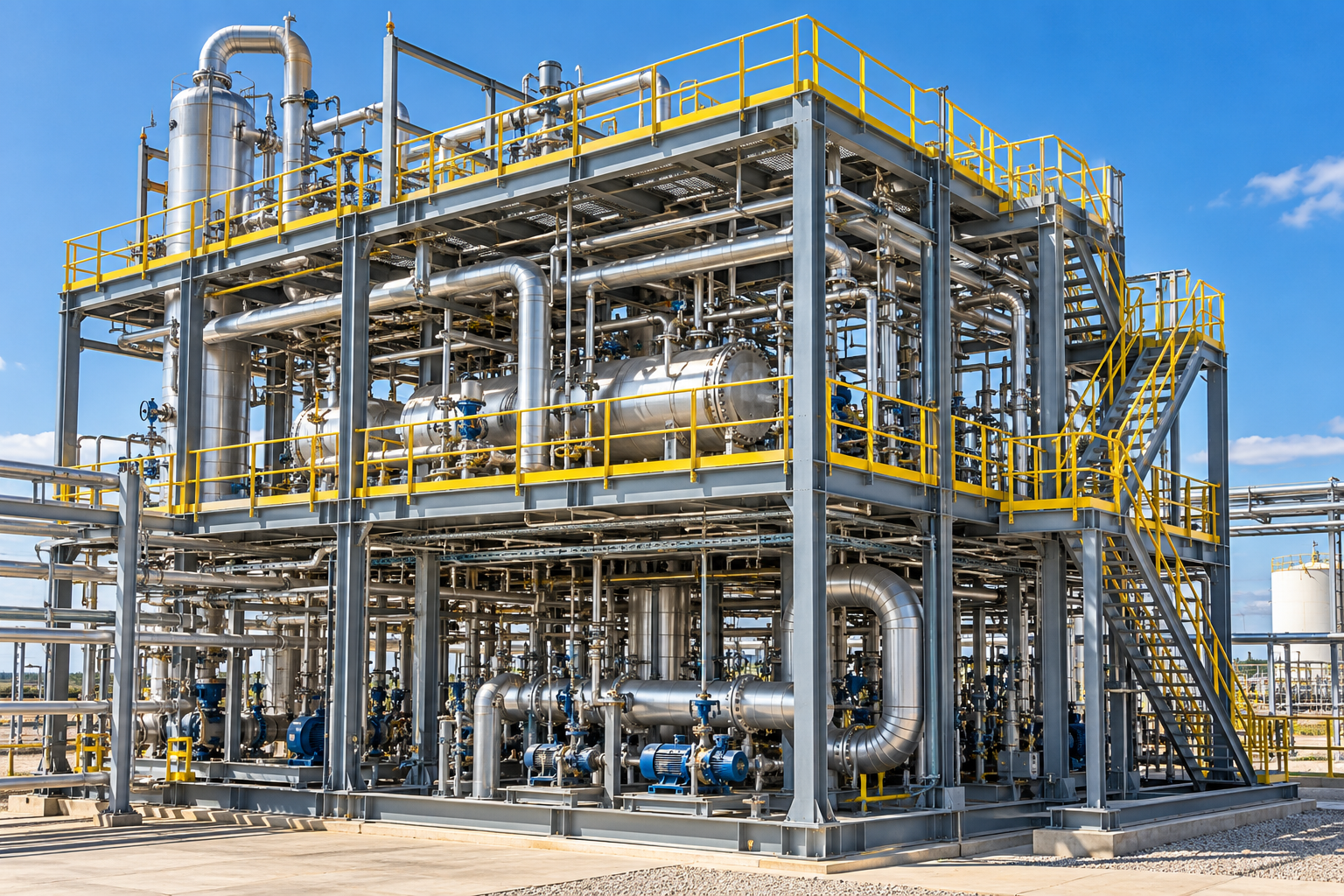 Industrial steel frame with process equipment and access platforms