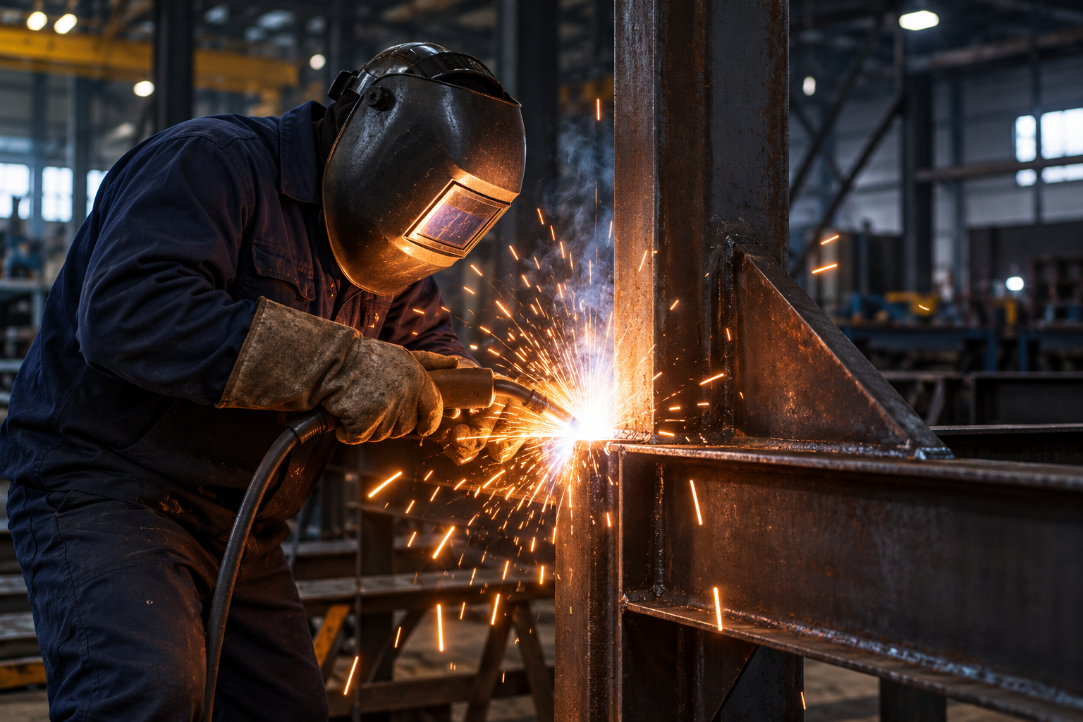 Welder fabricating steel with protective equipment